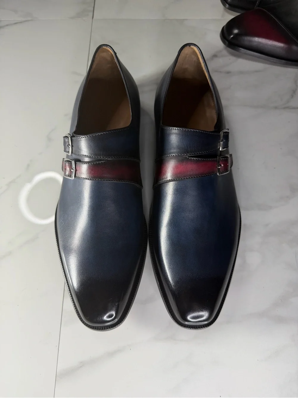 Men's Double Monk Strap Oxfords in Blue with Red Accent